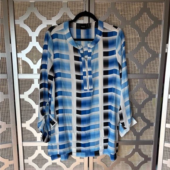 Rafaella Tops - Rafaella Blue and White 3/4 Sleeve Tunic with Mandarin Collar